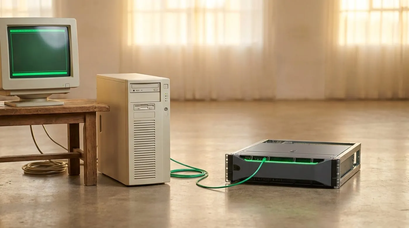 Servidor antiguo conectado a un rack moderno