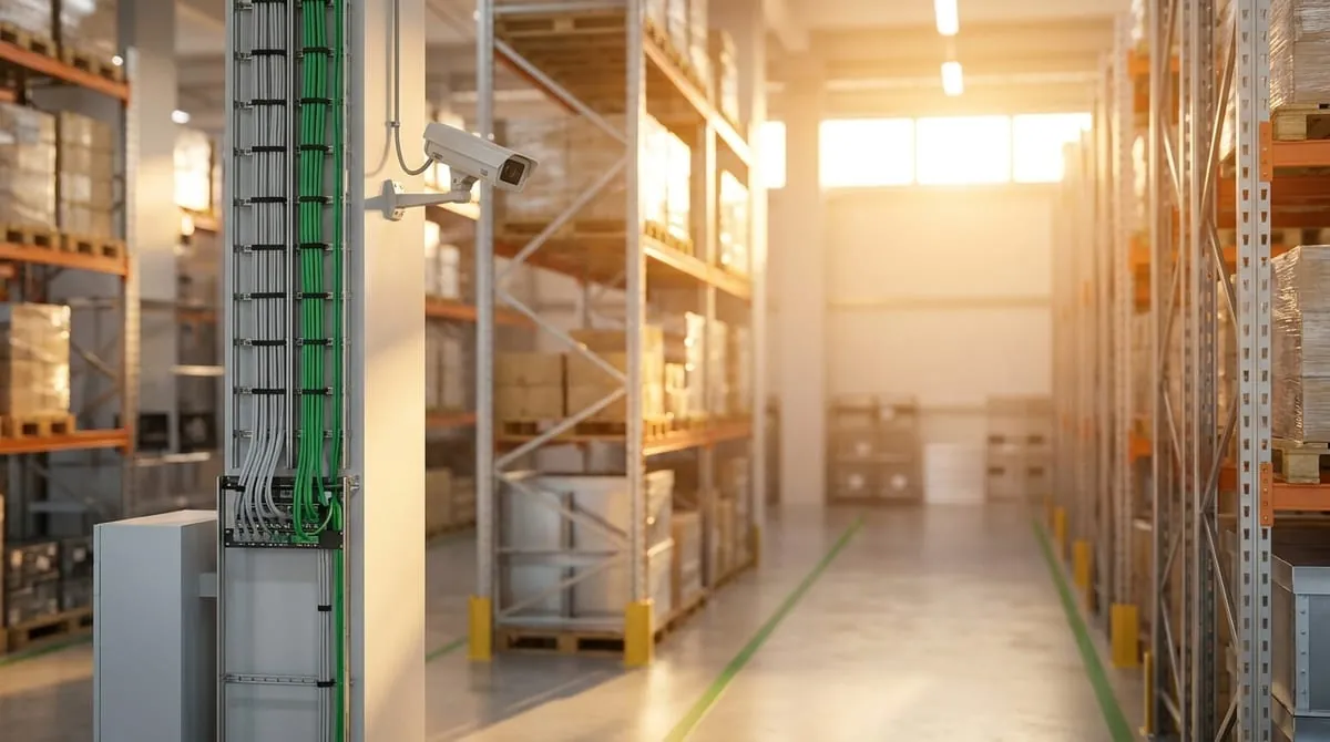 Warehouse interior with a video surveillance camera and network cabling