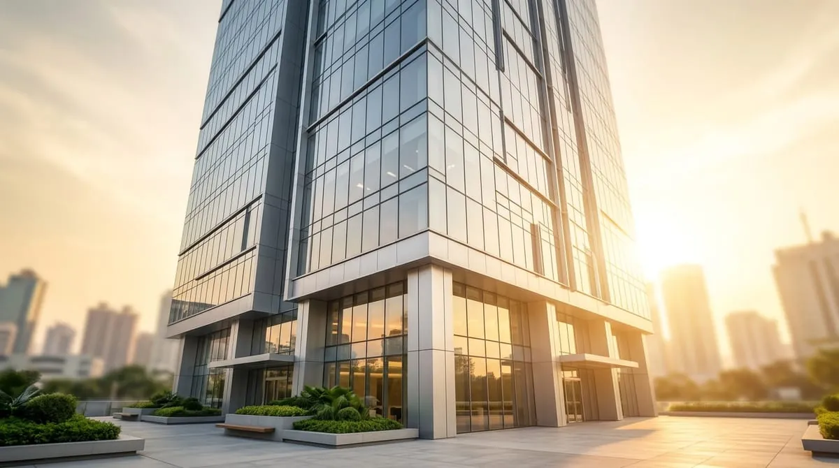 Modern glass corporate building against the city skyline