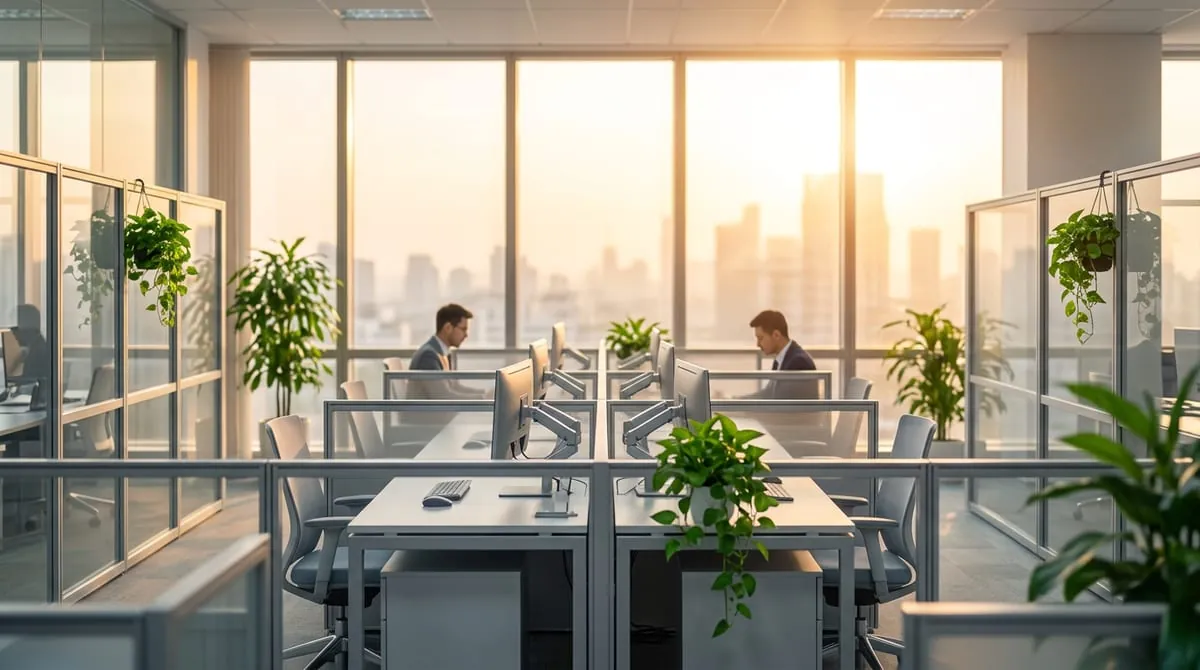Modern open-plan corporate office with connected workstations