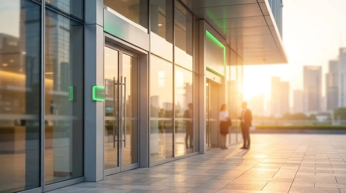 Glass facade of a modern corporate branch office at dusk