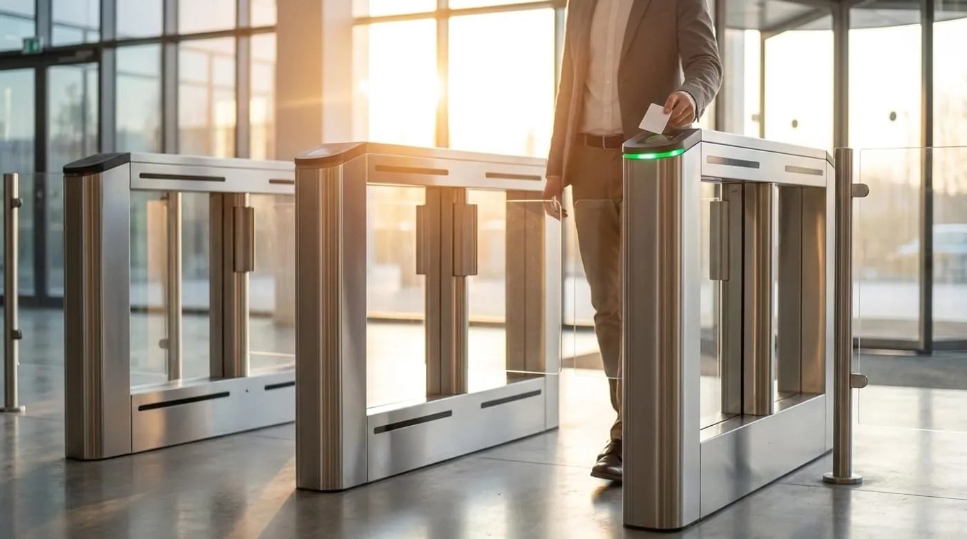 Torniquetes de acceso automatizados en un lobby corporativo