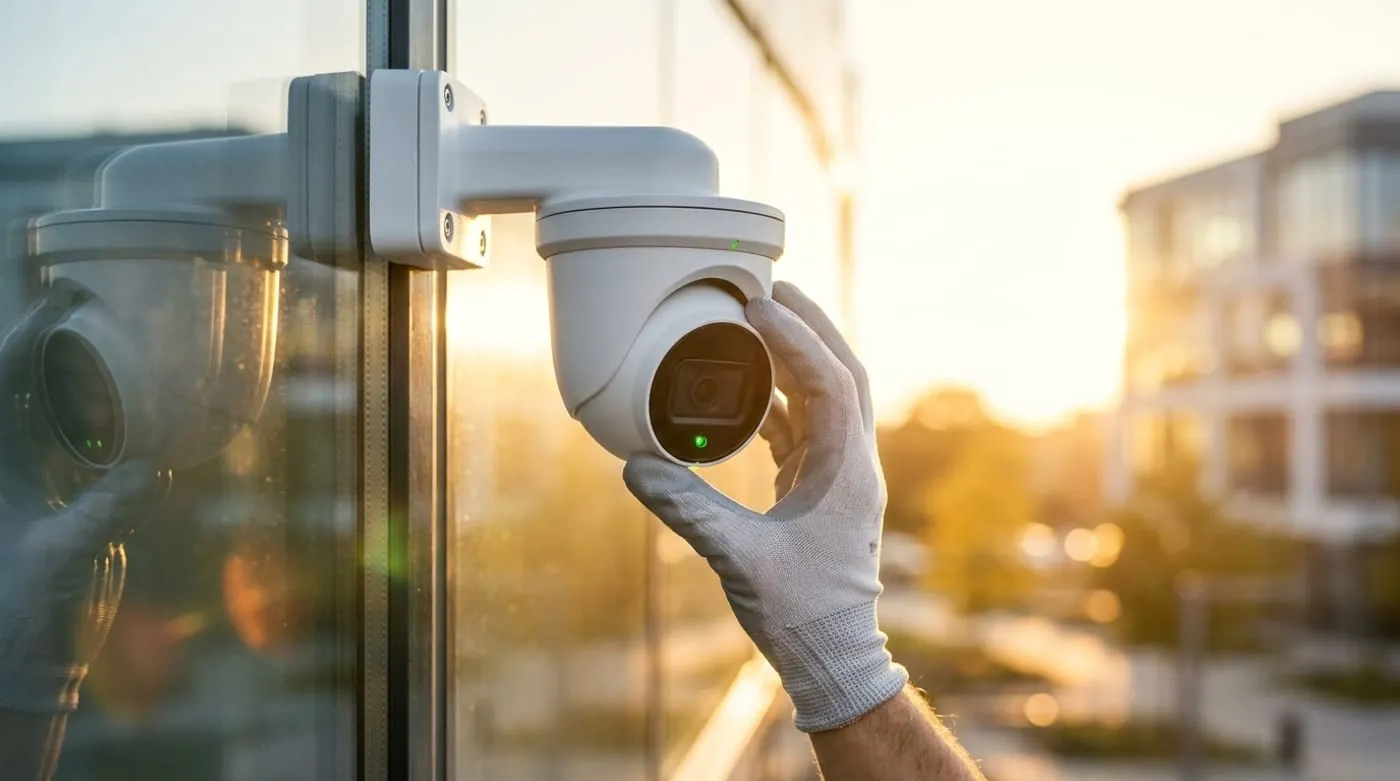 Dome video-surveillance camera mounted on a corporate building