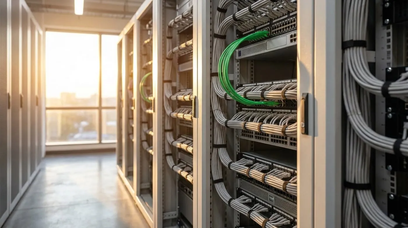 Server racks with fiber cabling in a data center