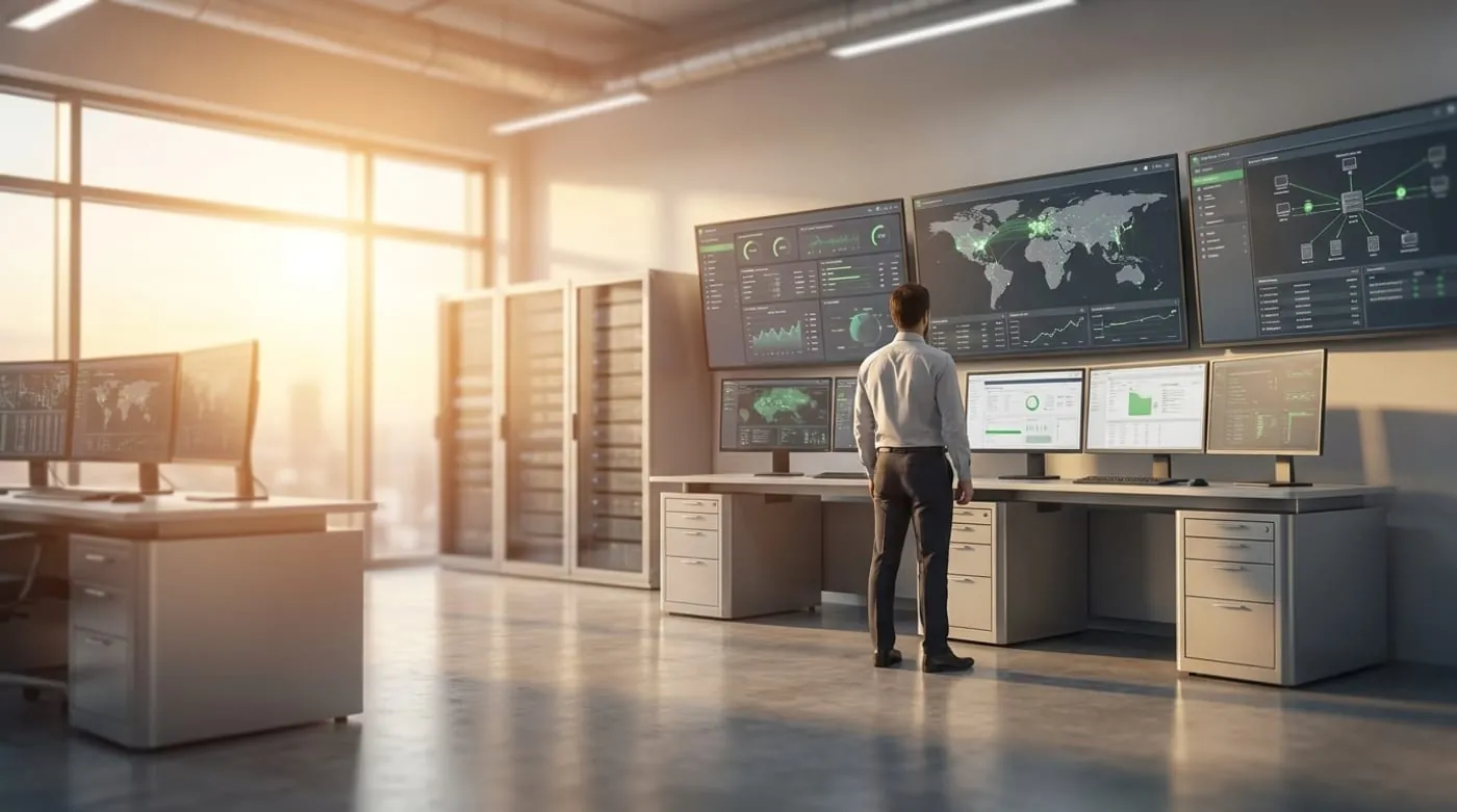 Network control room with monitoring and topology screens