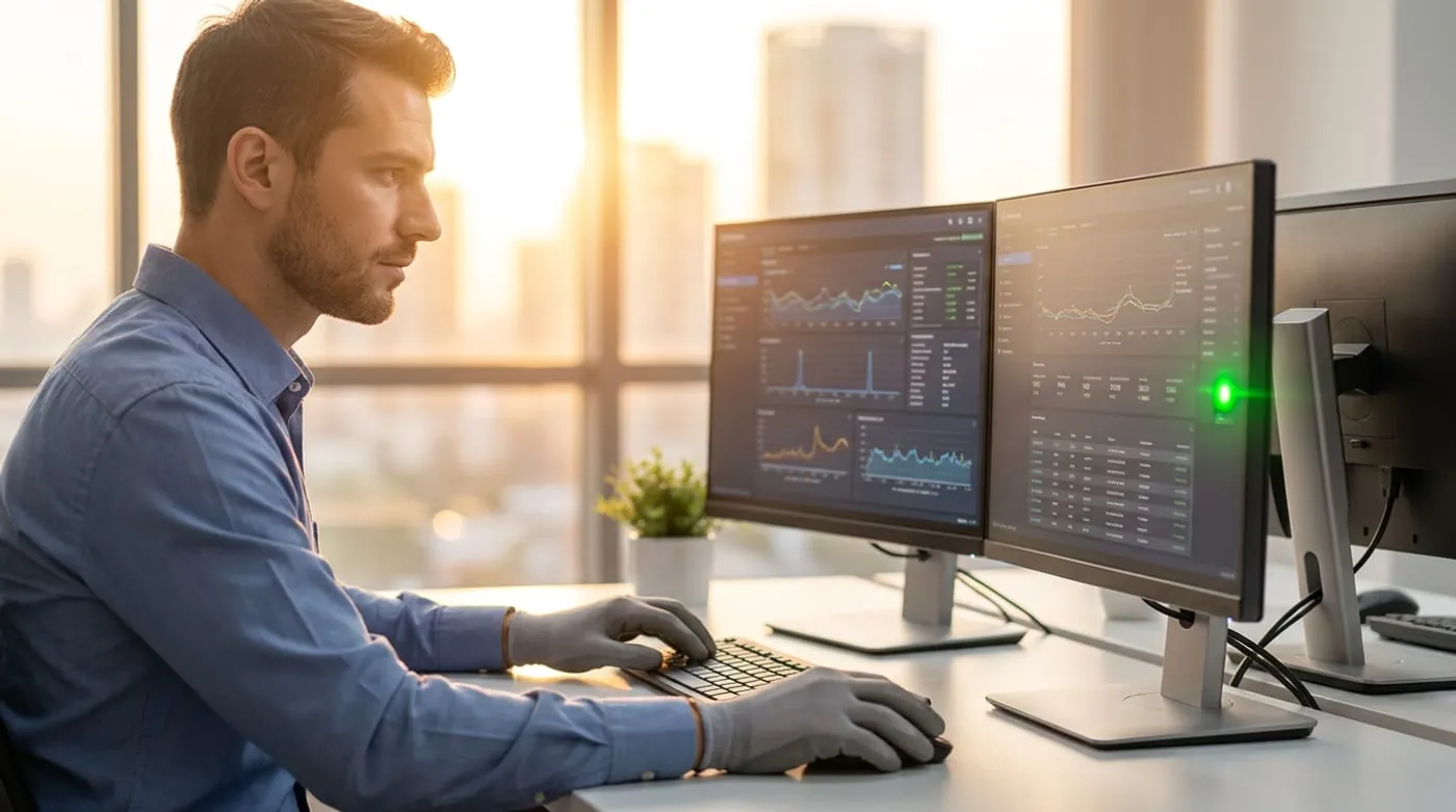 Técnico revisando tableros de diagnóstico de red en monitores