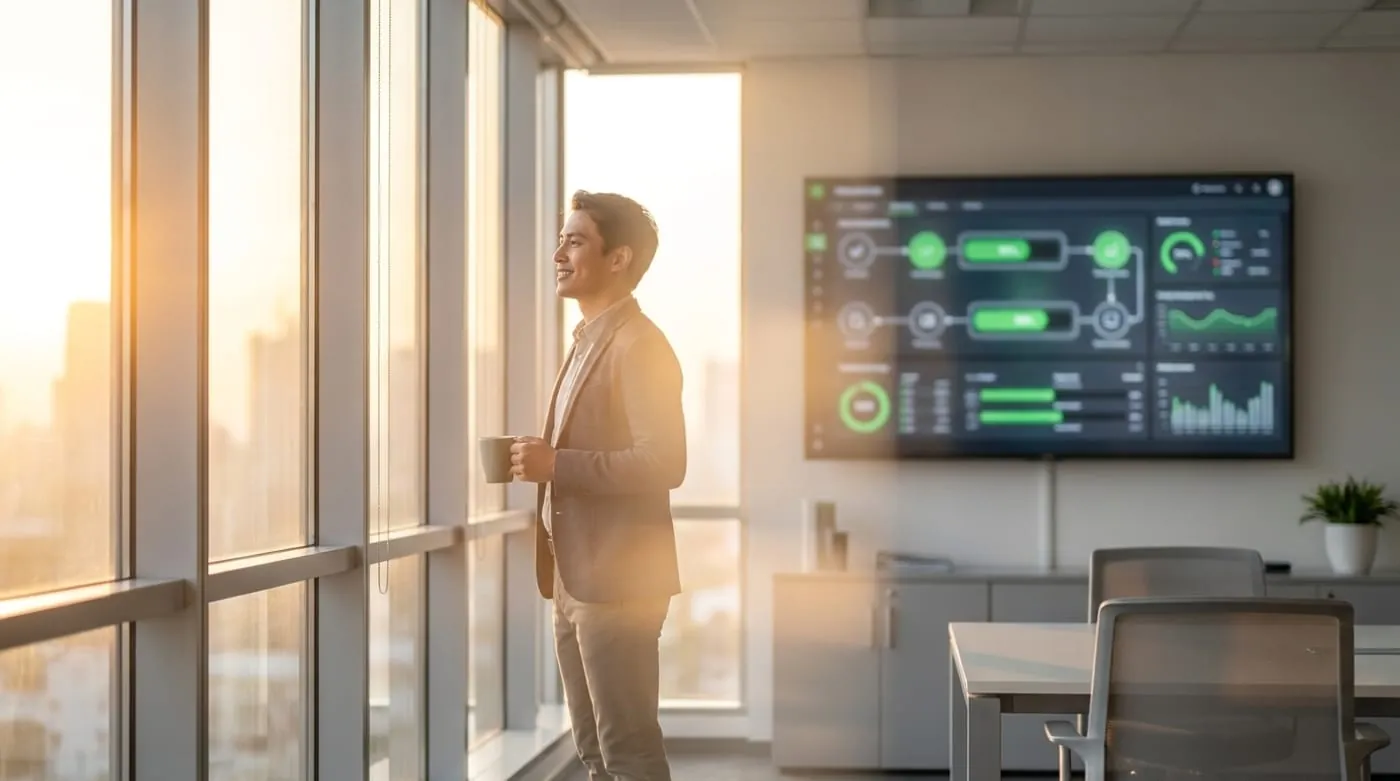 Person analyzing process and performance dashboards on screen